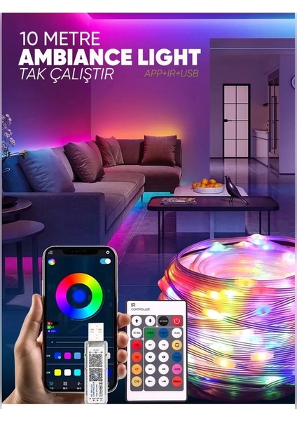 Rkm Store Sese Duyarlı 10 Metre Yeni Nesil Rgb Smart LED Usb'li Kumandalı Bluetooth Ile Telefon Bağlantılı