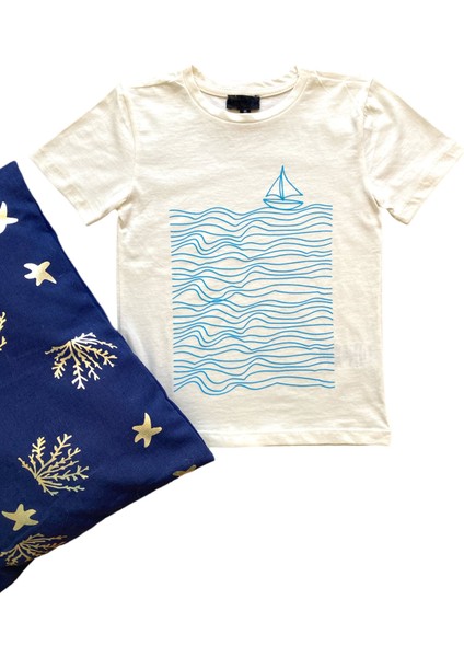 Erkek Çocuk Deniz Temalı Ekru Renkli Penye Tişört