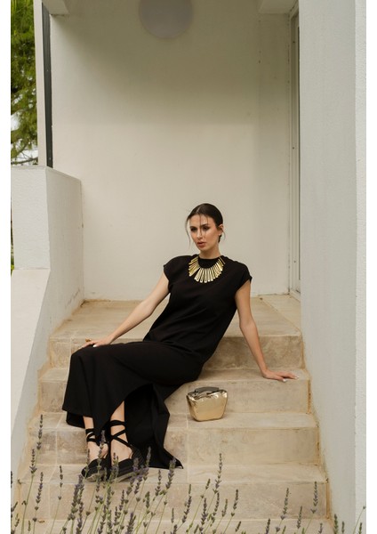 Tıng- Pamuklu Yırtmaçlı Oversize Maxi Elbise