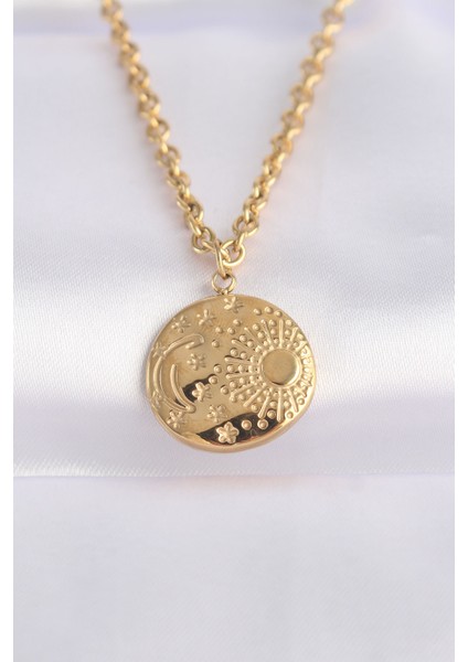 316L Çelik Zincir Altın Renk Oval Desenli Kolye