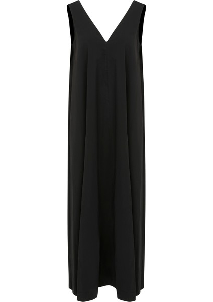 Lıly-Elbise V Yaka Oversize Siyah Poplin