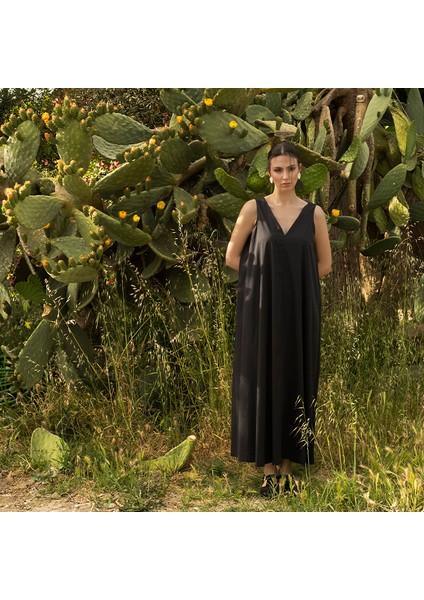 Lıly-Elbise V Yaka Oversize Siyah Poplin