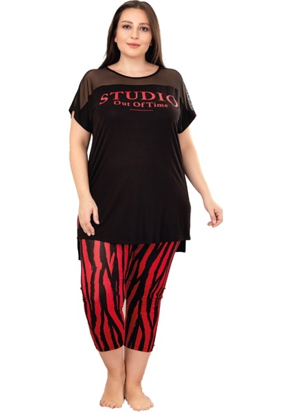 Kırmızı - Siyah Renk ve Çizgi Desenli Lady 10695 Kadın Lady Kapri Büyük Beden Pijama Takımı