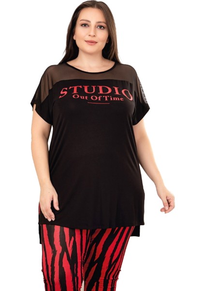 Kırmızı - Siyah Renk ve Çizgi Desenli Lady 10695 Kadın Lady Kapri Büyük Beden Pijama Takımı modelleri