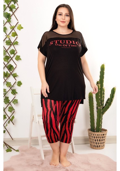 Kırmızı - Siyah Renk ve Çizgi Desenli Lady 10695 Kadın Lady Kapri Büyük Beden Pijama Takımı fırsatları