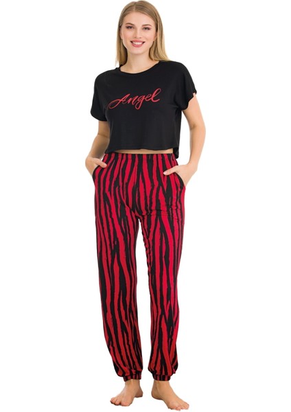 Kırmızı - Siyah Renk Çizgi Desenli Lady 12559 Kadın Kısa Kol Pamuk Viskon Lady Pijama Takımı