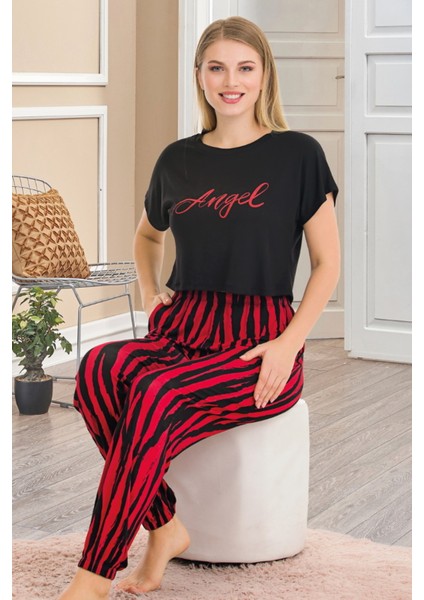 Kırmızı - Siyah Renk Çizgi Desenli Lady 12559 Kadın Kısa Kol Pamuk Viskon Lady Pijama Takımı