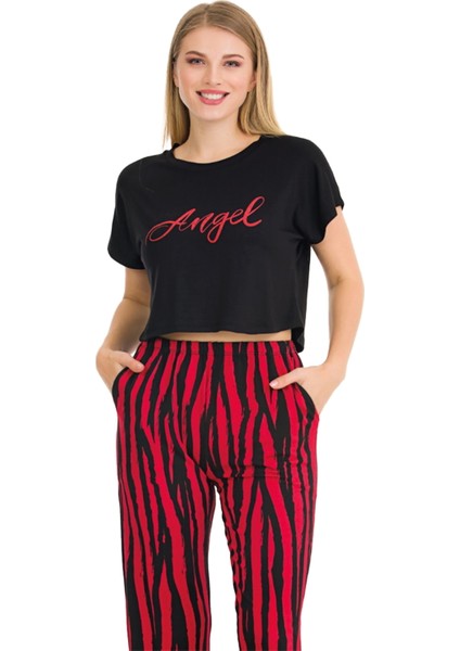 Kırmızı - Siyah Renk Çizgi Desenli Lady 12559 Kadın Kısa Kol Pamuk Viskon Lady Pijama Takımı