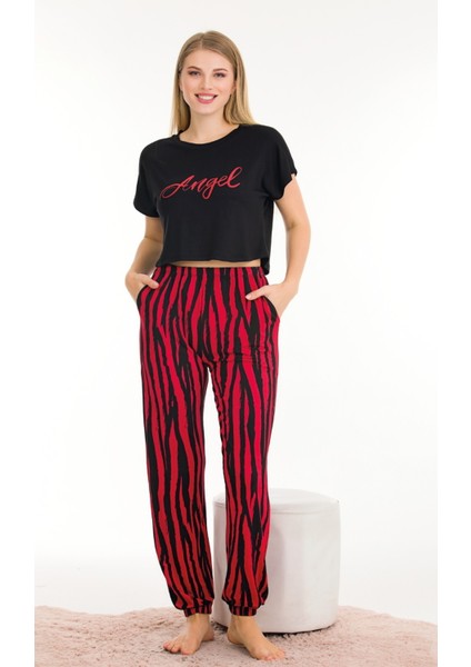 Kırmızı - Siyah Renk Çizgi Desenli Lady 12559 Kadın Kısa Kol Pamuk Viskon Lady Pijama Takımı