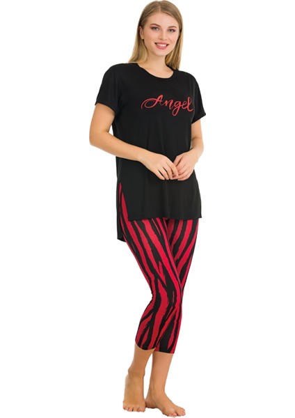 Kırmızı - Siyah Renk Çizgi Desenli Lady 12052 Kadın Kapri Pamuk Viskon Lady Pijama Takımı