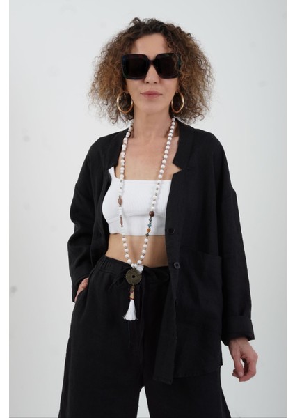 Siyah Naturel Tek Cep Oversize Keten Ceket