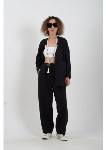 Siyah Naturel Tek Cep Oversize Keten Ceket