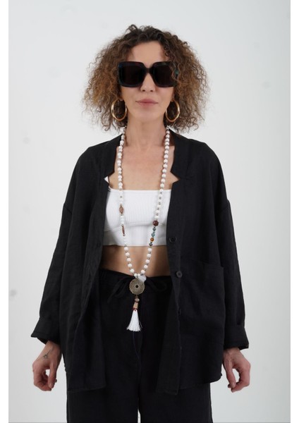 Siyah Naturel Tek Cep Oversize Keten Ceket