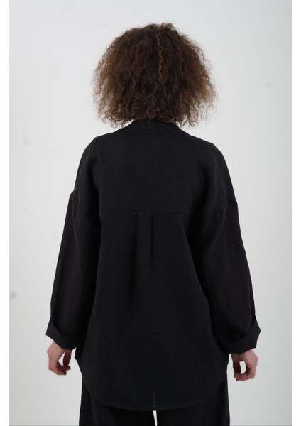 Siyah Naturel Tek Cep Oversize Keten Ceket