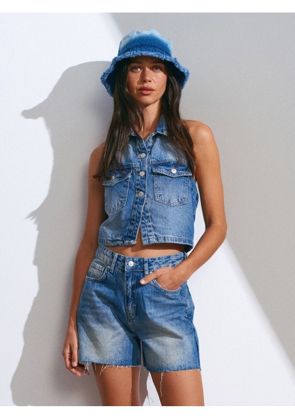 71514 Paçası Kesik Orta Boy Denim Şort-Tint