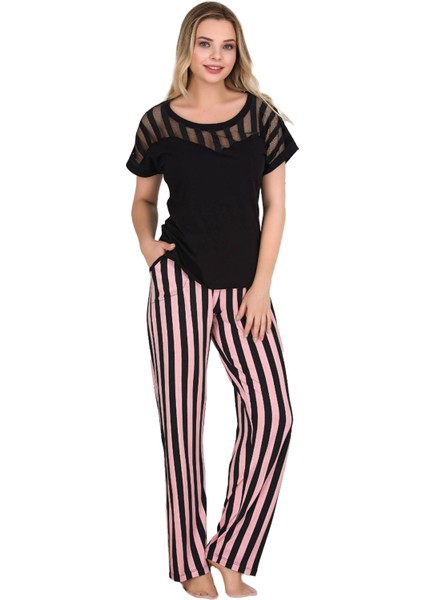 Siyah Renk Çizgi Desenli Lady 12549 Kadın Kısa Kol Pamuk Viskon Lady Pijama Takımı