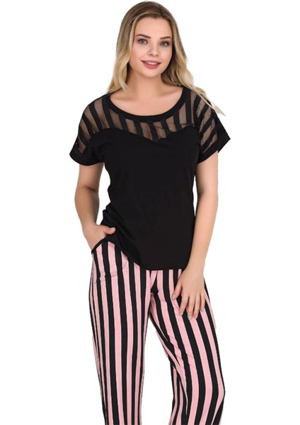 Siyah Renk Çizgi Desenli Lady 12549 Kadın Kısa Kol Pamuk Viskon Lady Pijama Takımı