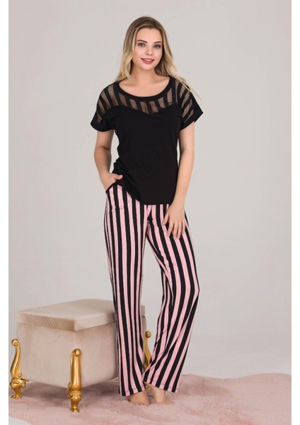 Siyah Renk Çizgi Desenli Lady 12549 Kadın Kısa Kol Pamuk Viskon Lady Pijama Takımı