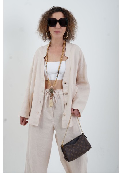 Bej Naturel Keten Tek Cep Oversize Keten Ceket
