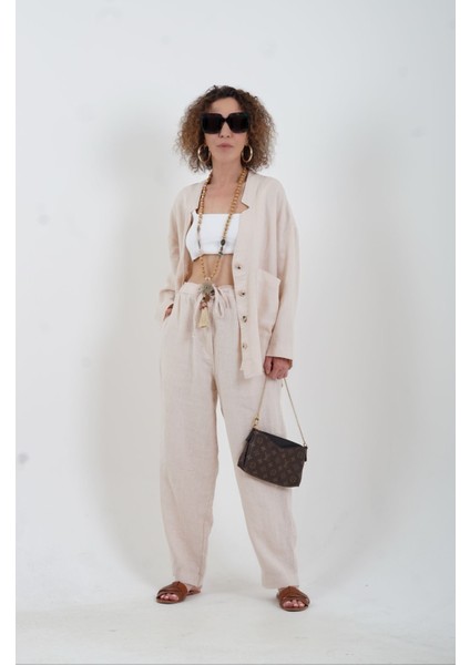 Bej Naturel Keten Tek Cep Oversize Keten Ceket