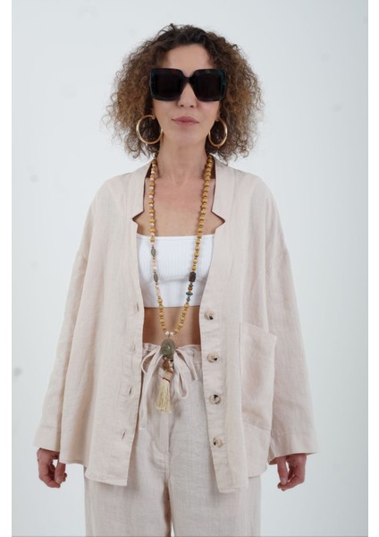 Bej Naturel Keten Tek Cep Oversize Keten Ceket