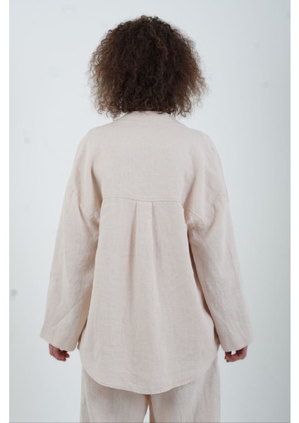 Bej Naturel Keten Tek Cep Oversize Keten Ceket