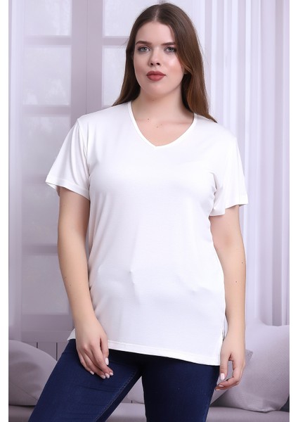B21399902 Büyük Beden Viskon V Yaka Kısa Kol Bluz Ekru