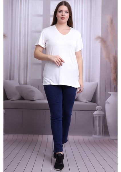 B21399902 Büyük Beden Viskon V Yaka Kısa Kol Bluz Ekru