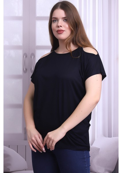 B21399903 Büyük Beden Vis.omuzu Açık Halka Aks.kısa Kol Bluz Lacivert