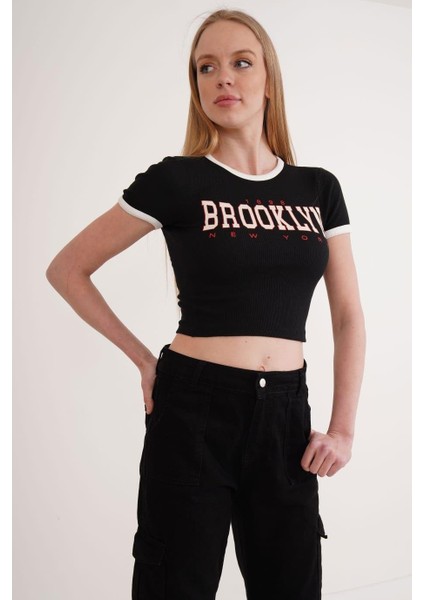 23254270 Pam.kaşkors Brooklyn Bsk Garnili Kısa Kol Crop Bluz Sıyah