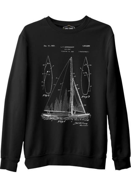 Yat Kulübü - Sail Boat Siyah Erkek Kalın Sweatshirt