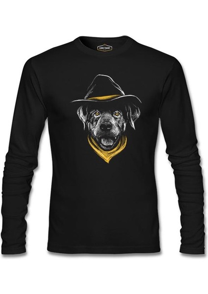 Dog Wearing A Hat And A Yellow Bandana Siyah Erkek Sweatshirt