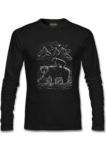 Baby And Parent Bear In The Lake Siyah Erkek Sweatshirt