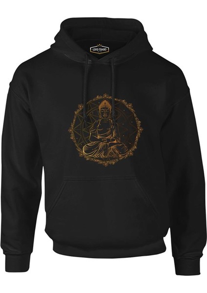Ruhun Huzuru - Altın Budha ve Mandala Siyah Erkek Fermuarsız Kapşonlu