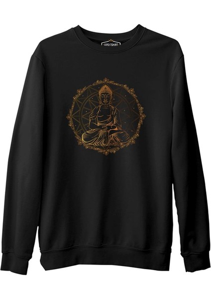 Ruhun Huzuru - Altın Budha ve Mandala Siyah Erkek Kalın Sweatshirt