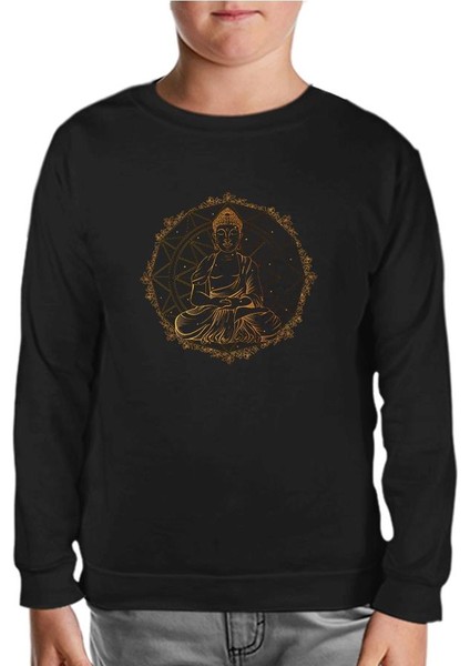 Ruhun Huzuru - Altın Budha ve Mandala Siyah Çocuk Sweatshirt