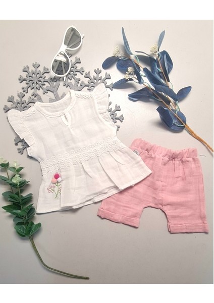 Kız Bebek Yazlık Müslin Kumaş Alt Üst Takım Yazlık Hediyelik