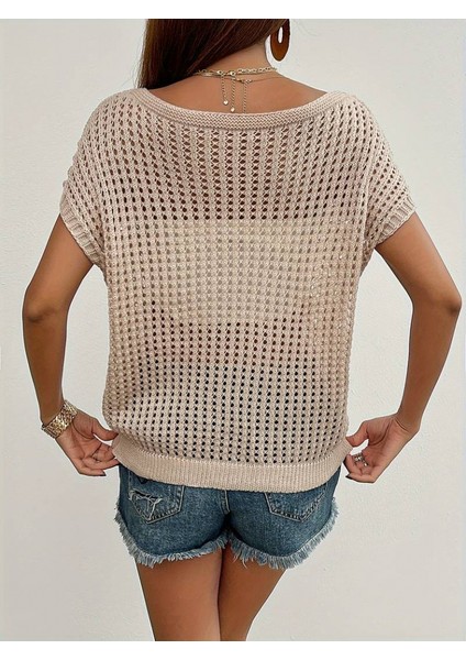 Kadın Kısa Kollu Geniş Bisiklet Yaka Ajurlu Triko Bluz indirimleri