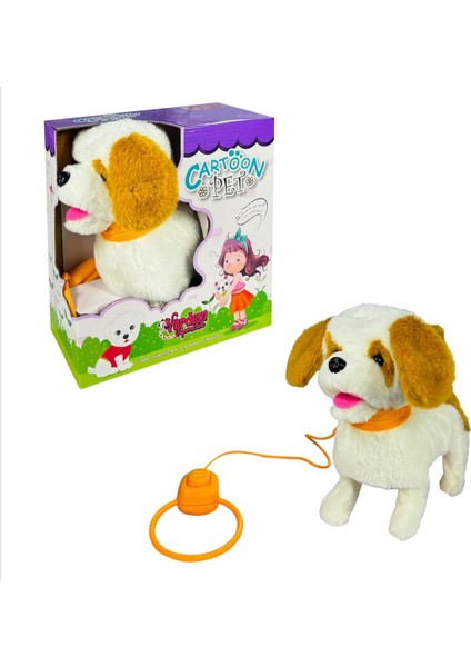 Peluş Tasmalı Yürüyen Köpek - Beyaz - Kahve
