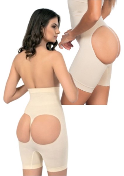1234 Kadın Ten Popo Açık Dikişsiz Yüksek Bel Paçalı Korse Ten