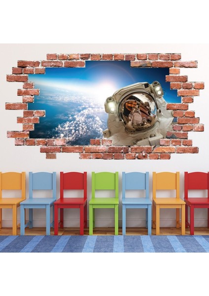 Astronot Uzayda Kırmızı Tuğla 3D Delik Dekoratif Duvar Sticker Çıkartması Bebek Çocuk Odası