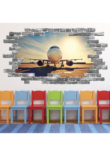 Uçak Gün Doğumu Gri Tuğla 3D Delik Dekoratif Duvar Sticker Çıkartması Bebek Çocuk Odası
