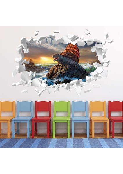 Dimetrodon Dinozor Beyaz Tuğla 3D Delikli Dekoratif Duvar Sticker Çıkartması Bebek Çocuk Odası