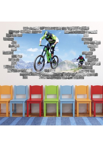 Dağ Bisikleti Bisiklet Gri Tuğla 3D Delik Dekoratif Duvar Sticker Çıkartması Bebek Çocuk Odası