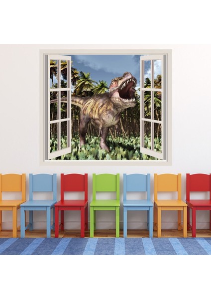 T-Rex Roar Dino 3D Pencere Dekoratif Duvar Sticker Çıkartması Bebek Çocuk Odası
