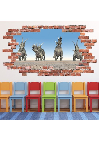 Triceratops Kırmızı Tuğla 3D Delik Dekoratif Duvar Sticker Çıkartması Bebek Çocuk Odası