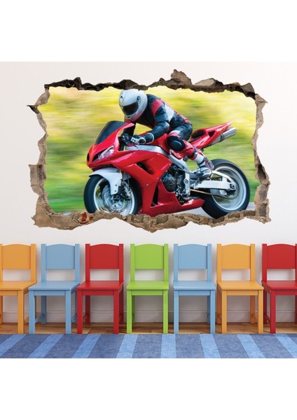 Kırmızı Motosiklet 3D Delikli Dekoratif Duvar Sticker Çıkartması Bebek Çocuk Odası