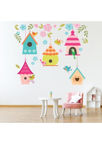 Çiçekler ve Kuşlar Kuş Evi Dekoratif Duvar Çıkartma Seti Bebek Çocuk Odası