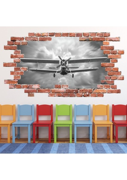 Vintage Çift Kanatlı Uçak Kırmızı Tuğla 3D Delik Dekoratif Duvar Sticker Çıkartma Bebek Çocuk Odası