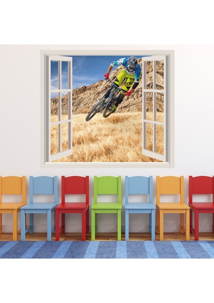 Dağ Bisikleti Bisikletçi 3D Pencere Dekoratif Duvar Sticker Çıkartması Spor Salonu Çocuk Odası